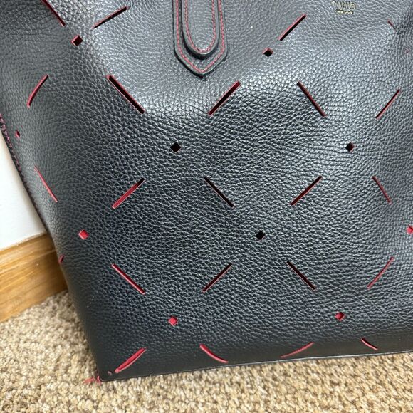 Tutilo New York 2 Piece Tote & Wristlet Purse Black Faux Leather Red Cutwork - Picture 3 of 13